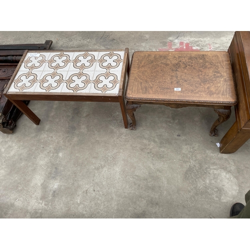 2953 - A RETRO TEAK COFFEE TABLE WITH TILED TOP AND WALNUT CROSSBANDED COFFEE TABLE ON CABRIOLE LEGS