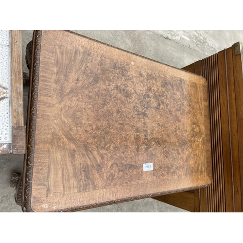 2953 - A RETRO TEAK COFFEE TABLE WITH TILED TOP AND WALNUT CROSSBANDED COFFEE TABLE ON CABRIOLE LEGS