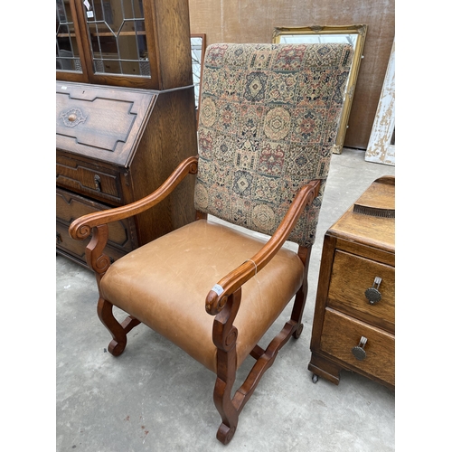 2958 - A 19TH CENTURY STYLE OPEN ARM CHAIR WITH SWEPT SCROLL ARMS