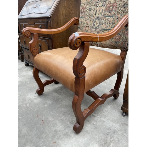 2958 - A 19TH CENTURY STYLE OPEN ARM CHAIR WITH SWEPT SCROLL ARMS