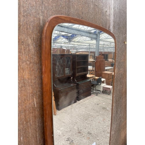 2983 - A RETRO WALL MIRROR WITH TEAK BACK, 29