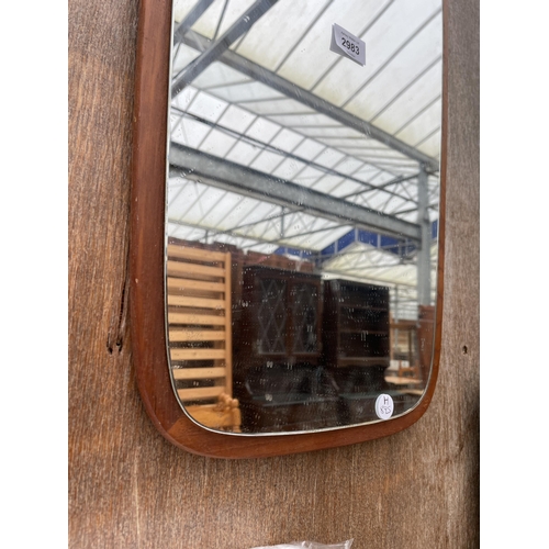 2983 - A RETRO WALL MIRROR WITH TEAK BACK, 29