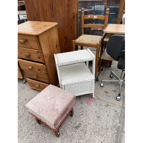 3045 - A LLOYD LOOM BEDSIDE LOCKER, PINE HIGH BACK STOOL AND SMALL STOOL ON TURNED LEGS