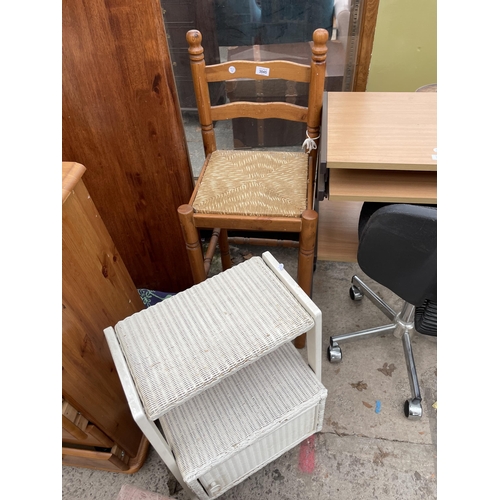 3045 - A LLOYD LOOM BEDSIDE LOCKER, PINE HIGH BACK STOOL AND SMALL STOOL ON TURNED LEGS