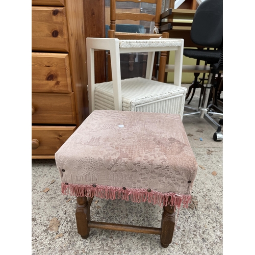 3045 - A LLOYD LOOM BEDSIDE LOCKER, PINE HIGH BACK STOOL AND SMALL STOOL ON TURNED LEGS