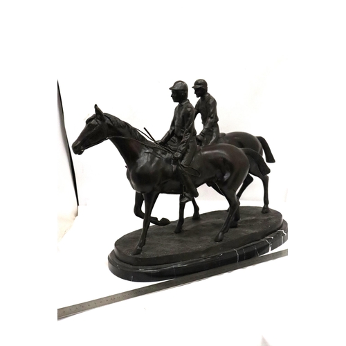 1 - A LARGE BRONZE FIGURE OF TWO HORSES AND RIDERS ON A MARBLE BASE SIGNED E FREMIET HEIGHT APPROXIMATEL... 