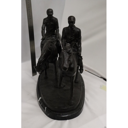 1 - A LARGE BRONZE FIGURE OF TWO HORSES AND RIDERS ON A MARBLE BASE SIGNED E FREMIET HEIGHT APPROXIMATEL... 