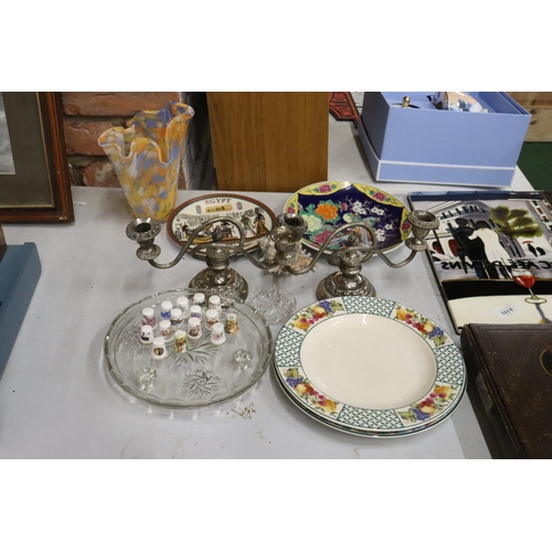 1013 - A VINTAGE BLUE AND ORANGE SPOTTED BLOWN GLASS VASE TOGETHER WITH SILVER PLATE CANDLEABRA'S, THIMBLES... 