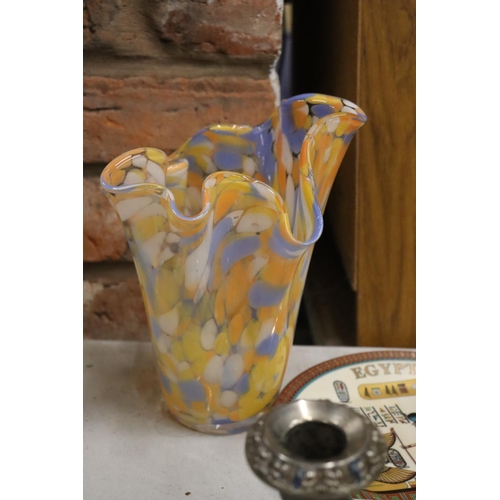 1013 - A VINTAGE BLUE AND ORANGE SPOTTED BLOWN GLASS VASE TOGETHER WITH SILVER PLATE CANDLEABRA'S, THIMBLES... 