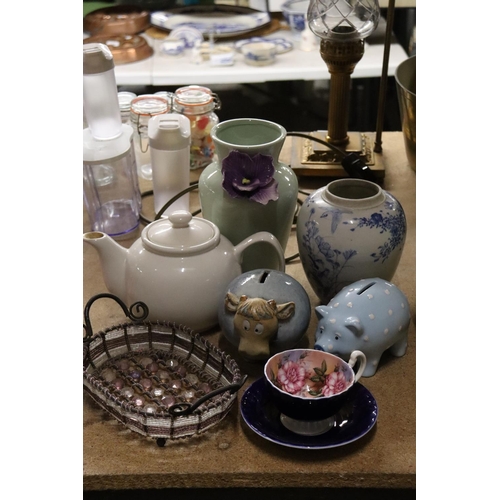 1031 - A MIXED LOT TO INCLUDE MONEY BANKS, FLORAL AYNSLEY CUP AND SAUCER, TEAPOT, ETC.,