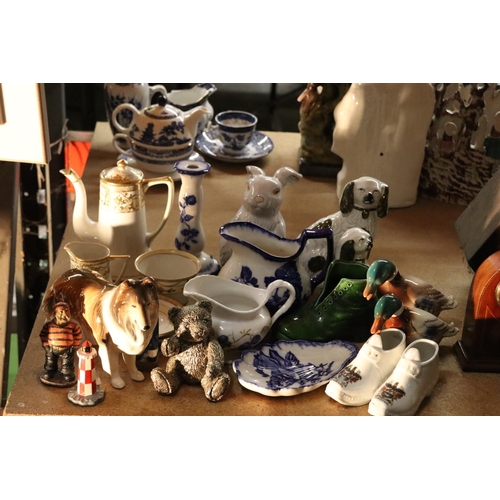 1034 - A MIXED LOT TO INCLUDE STAFFORDSHIRE SPANIELS, CRESTWARE, NORITAKE COFEEPOT, SUGAR AND CREAMER, IRON... 