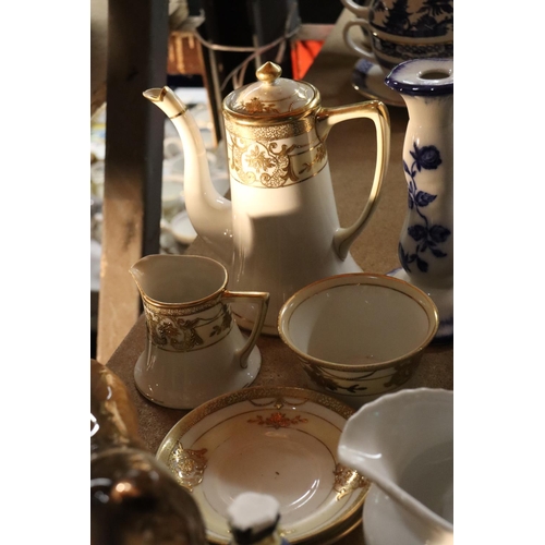 1034 - A MIXED LOT TO INCLUDE STAFFORDSHIRE SPANIELS, CRESTWARE, NORITAKE COFEEPOT, SUGAR AND CREAMER, IRON... 