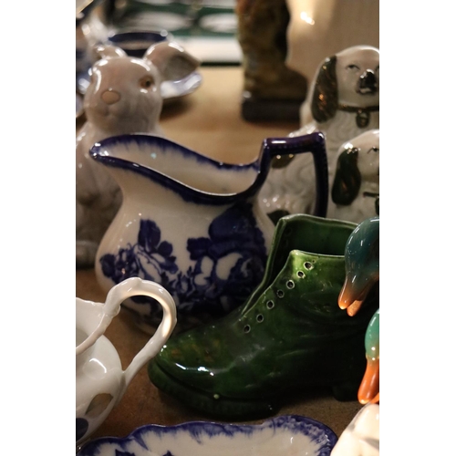 1034 - A MIXED LOT TO INCLUDE STAFFORDSHIRE SPANIELS, CRESTWARE, NORITAKE COFEEPOT, SUGAR AND CREAMER, IRON... 