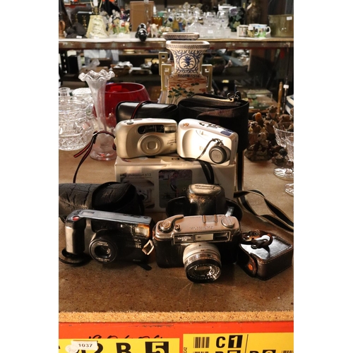 1037 - A QUANTITY OF VINTAGE CAMERAS TO INCLUDE YASHICA ZOOMTEC, YASHICA EE, HP, ETC.,