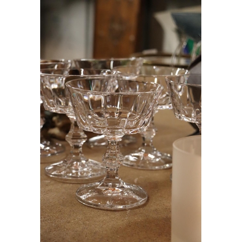 1038 - SIX GLASS SUNDAE DISHES TOGETHER WITH SIX DRINKING GLASSES ETCHED WITH ANIMALS