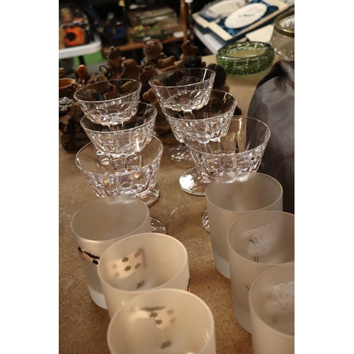 1038 - SIX GLASS SUNDAE DISHES TOGETHER WITH SIX DRINKING GLASSES ETCHED WITH ANIMALS