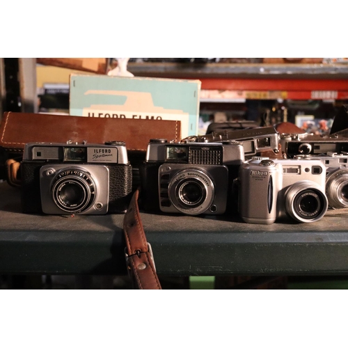 1046 - A QUANTITY OF VINTAGE CAMERAS TO INCLUDE NIKON, ILFORD SPORTSMASTER, KONICA, ETC.,