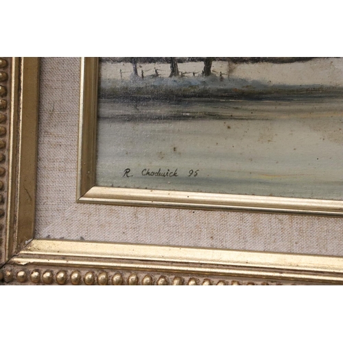 1057 - TWO FRAMED OIL ON BOARDS OF COUNTRY SCENES ONE R CHADWICK 95 AND 96