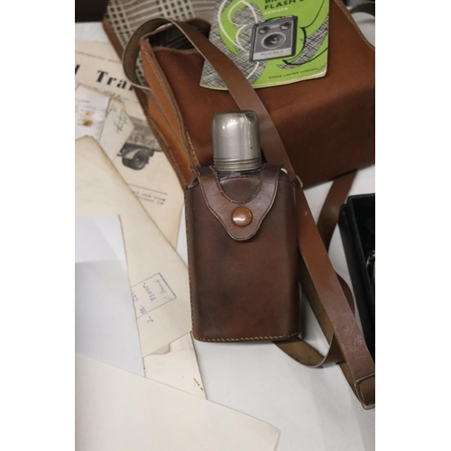 1099 - A MIXED LOT TO INCLUDE GLASSES MARKED RAY-BAN AND CHRISTIAN DIOR, AN LV PURSE, HIP FLASK IN A LEATHE... 