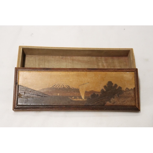 1101 - TWO VINTAGE BOXES TO INCLUDE ONE WITH A MARQUETRY IMAGE OF MOUNT FUJI