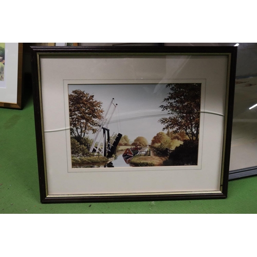 1106 - THREE SIGNED WATERCOLOURS OF COATAL AND MOUNTAIN SCENES, PLUS AN ALAN FIRTH PRINT OF A BARGING SCENE