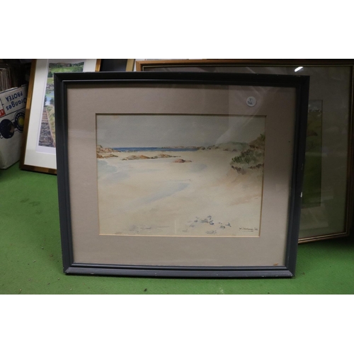 1106 - THREE SIGNED WATERCOLOURS OF COATAL AND MOUNTAIN SCENES, PLUS AN ALAN FIRTH PRINT OF A BARGING SCENE