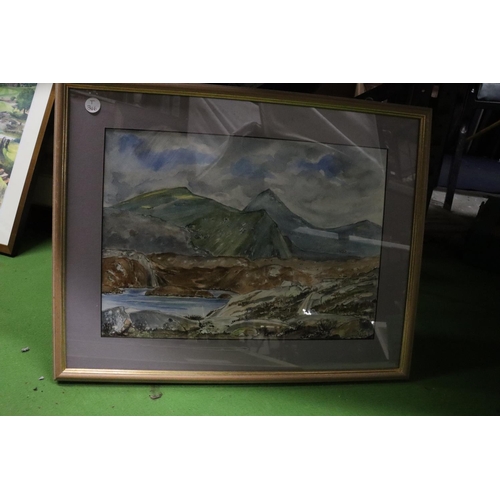 1106 - THREE SIGNED WATERCOLOURS OF COATAL AND MOUNTAIN SCENES, PLUS AN ALAN FIRTH PRINT OF A BARGING SCENE