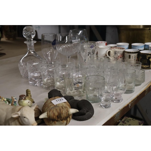 1122 - A QUANTITY OF VARIOUS GLASSWARE TO INCLUDE A DECANTER, GIN GLASSES, TUMBLERS ETC