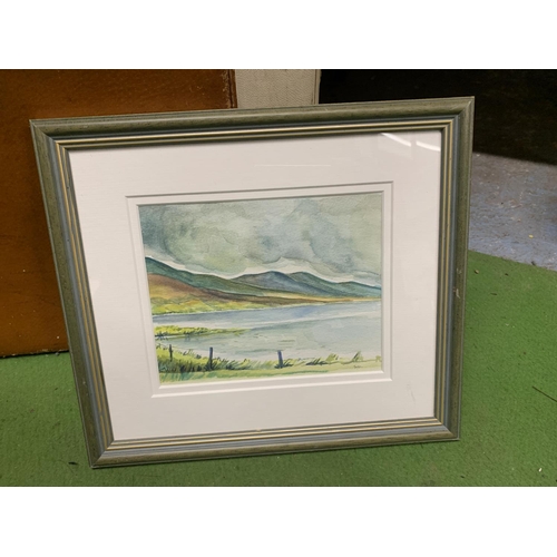 1245A - A FRAMED WATERCOLOUR 'MOUNTAINS OVER LOCH GILL' BY SYZA LARKIN