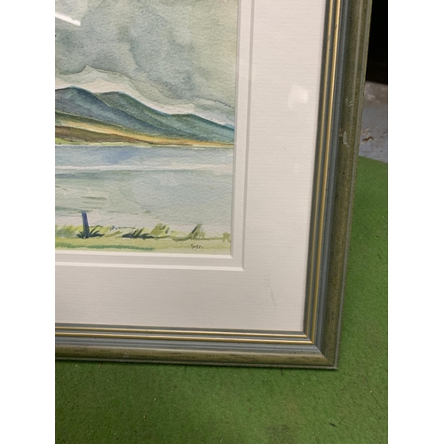 1245A - A FRAMED WATERCOLOUR 'MOUNTAINS OVER LOCH GILL' BY SYZA LARKIN