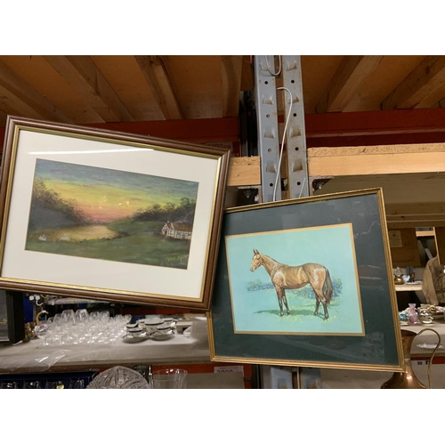 1247 - A PRINT OF A RACEHORSE PLUS A PAINTING OF A COTTAGE BY A RIVER AT SUNSET