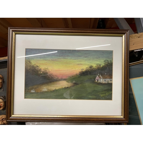 1247 - A PRINT OF A RACEHORSE PLUS A PAINTING OF A COTTAGE BY A RIVER AT SUNSET