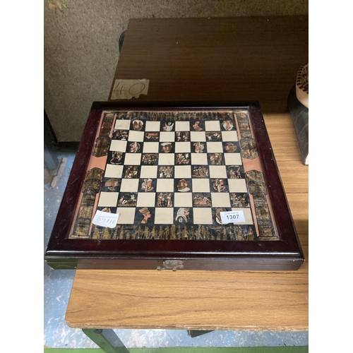 1307 - A EYGPTIAN THEMED CHESS SET WITH METAL PIECES (COMPLETE)