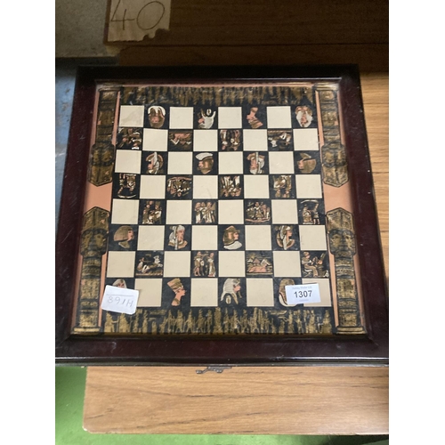 1307 - A EYGPTIAN THEMED CHESS SET WITH METAL PIECES (COMPLETE)