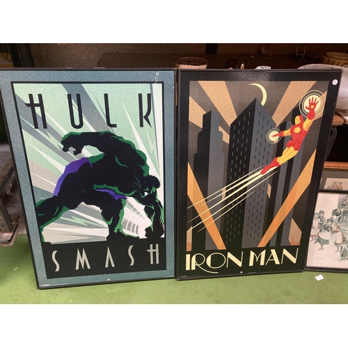 1308 - TWO LARGE PRINTS OF SUPER HEROS IRON MAN AND THE HULK 63CM X 93CM