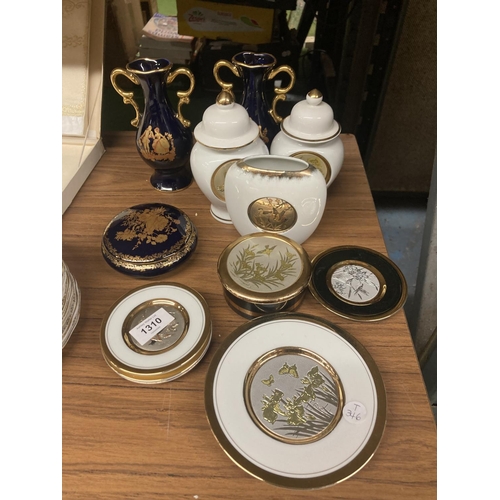 1310 - VARIOUS CERAMICS TO INCLUDE THREE PIECES OF LIMONGE IN COBALT BLUE, VASES AND A TRINKET BOX PLUS A C... 