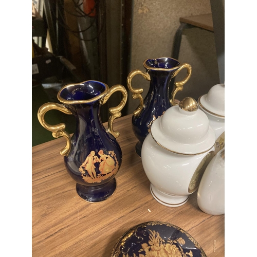 1310 - VARIOUS CERAMICS TO INCLUDE THREE PIECES OF LIMONGE IN COBALT BLUE, VASES AND A TRINKET BOX PLUS A C... 