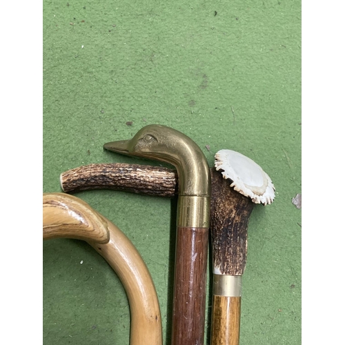 1317 - FIVE VINTAGE WALKING STICKS TO INCLUDE WITH A BRASS DUCK HEAD HANDLE AND A COPPER WARMING PAN