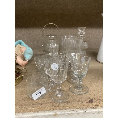 1327 - A QUANTITY OF GLASSWARE TO INC;LUDE A THISTLE DECANTER (A/F), GLASSES ETC