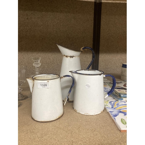 1328 - THREE GRADUCATED VINTAGE ENAMEL JUGS