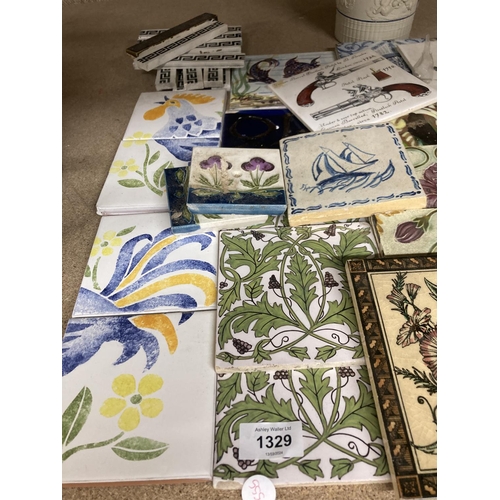 1329 - A COLLECTION OF VINTAGE TILES TO INCLUDE FLORAL DECORATED