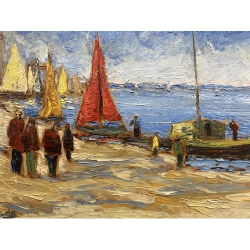 1330 - AN ORIGINAL IMPASTO PAINTING OF A HARBOUR SCENE, SIGNED LINDE