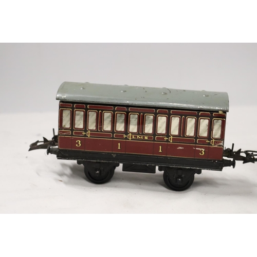 321 - TWO HORNBY .30 GAUGE METAL RAILWAY CARRIAGES LENGTH 17 CM