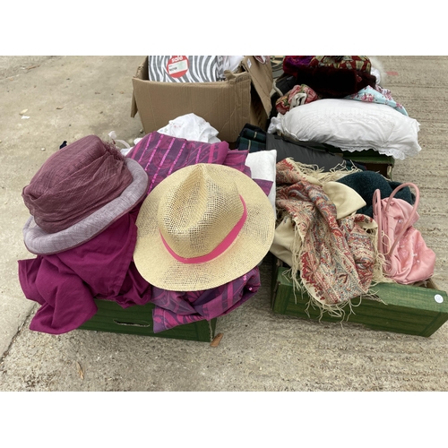2074 - AN ASSORTMENT OF ITEMS TO INCLUDE HATS, BLANKETS AND BAGS ETC