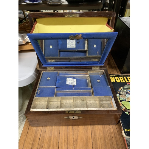 1194 - A VINTAGE MAHOGANY SEWING BOX WITH INNER COMPARTMENTS IN BLUE SILK AND A MIRROR - MIRROR A/F, INSIDE... 