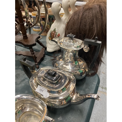 101 - A FOUR PIECE SILVER PLATED TEASET TO INCLUDE A COFFEE POT, TEAPOT, SUGAR BOWL AND CREAM JUG