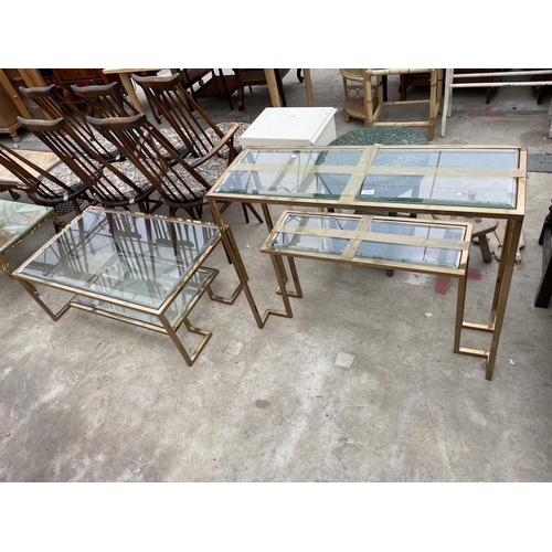 2680 - A GOLD COLOURED METALWARE TWO TIER CONSOLE TABLE WITH GLASS SHELVES AND MATCHING COFFEE TABLE