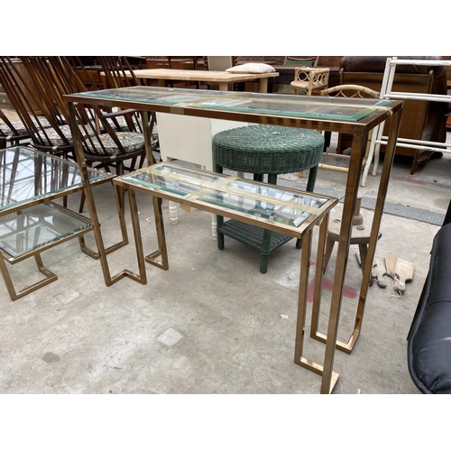 2680 - A GOLD COLOURED METALWARE TWO TIER CONSOLE TABLE WITH GLASS SHELVES AND MATCHING COFFEE TABLE