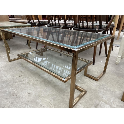 2680 - A GOLD COLOURED METALWARE TWO TIER CONSOLE TABLE WITH GLASS SHELVES AND MATCHING COFFEE TABLE