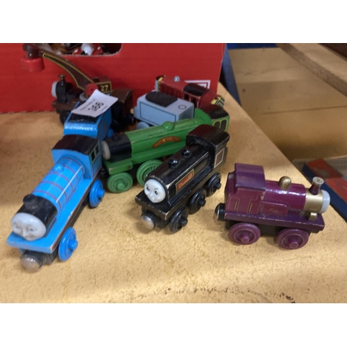 366 - EIGHT VINTAGE WOODEN THOMAS THE TANK ENGINE TRAINS TO INCLUDE DONALD, SPENCER'S TENDER, EDWARD'S TEN... 